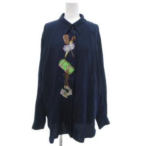 美品 ヴィンテージ 長袖シャツ ブラウス 比翼 M 花柄 刺繍デザイン ラウンドカット 紺 ネイビー /KB