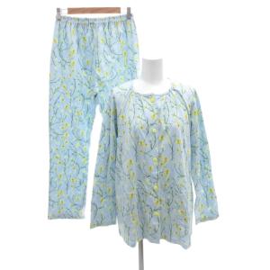 美品 パジャマ M 青 花柄 長袖 ラウンドネック /IL ECF004