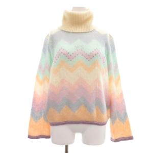 美品 ニット セーター モヘヤ ウール 9 マルチカラー シェブロン柄 タートルネック 長袖 /NL ECF004
