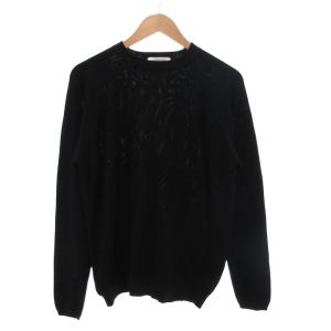美品 ニット セーター 絹 シルク L 黒 ブラック 透かし編み ラウンドネック 長袖 /IL ECF004