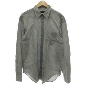 美品 ドレスシャツ シルク混 長袖 17 ストライプ柄 シェルボタン ラウンドカット イタリア製 グレー
