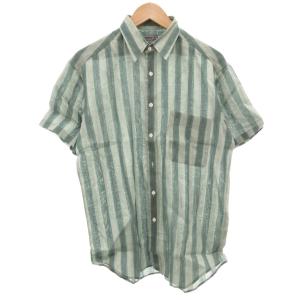 MONSIEUR 美品 ヴィンテージ リネンシャツ 半袖 ストライプ M 緑 グリーン /GV ECG005