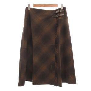 美品 ラップスカート ウール 42 茶 ブラウン チェック柄 ミディ丈 バックル付き フリンジ /NL