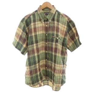 美品 シャツ 2L 緑 グリーン チェック柄 ボタンダウン 半袖 麻 リネン /NL ECE006