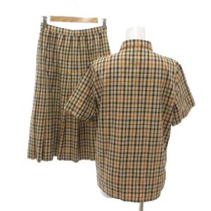DAKS 美品 セットアップ シャツ ブラウス フレアスカート チェック柄 半袖 プリーツ 11 ベージュ  /MX