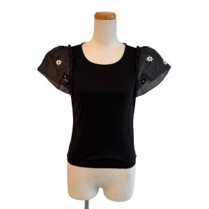 カットソー Tシャツ 半袖 花柄刺繍 シアーパフスリーブ 38 黒 ブラック /MZ ECF006