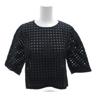 美品 七分袖カットソー Tシャツ 絹 シルク 38 紺 ネイビー チェック柄 ラウンドネック /TL ECF006