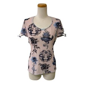 半袖 カットソー Tシャツ 薔薇 ハート リボンモチーフ パイピング 46 薄桃 ベビーピンク 青 ブルー