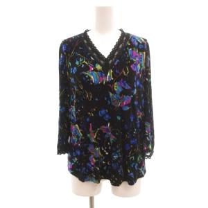 美品 カットソー 13 黒 ブラック 花柄 総柄 Vネック 長袖 ラメ /NL ECF007