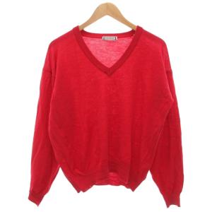 美品 ヴィンテージ ニット セーター リネン 長袖 L Vネック ロゴ 刺繍 赤 レッド /KB ECG007