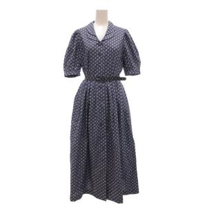 ロングワンピース パフスリーブ 9 紺 ネイビー 白 ホワイト 小花柄 /SX ECF007