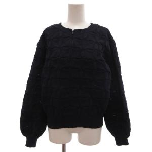 美品 ニット セーター 長袖 ハーフジップ 花柄 透かし編み 紺 ネイビー /KB ECF007