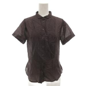 美品 ラウンドカラーシャツ ブラウス 半袖 M 茶 ブラウン ロールアップタブ 透け感 /JI ECF007