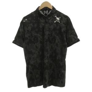 美品 ポロシャツ XL 黒 ブラック 総柄 ボタンダウン 台襟 ゴルフ /JI ECF007