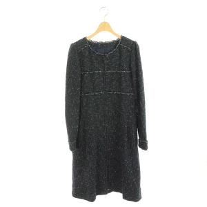 ワンピース 膝丈 長袖 ジップアップ ツイード 40 紺