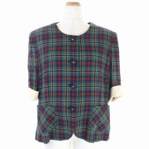 Leilian スーツ セットアップ 上下 ヴィンテージ チェック ジャケット ノーカラー 半袖 スカート タイト 膝丈 リネン混