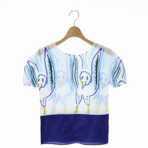 カットソー プリーツ プリント 半袖 白 青 ホワイト ブルー