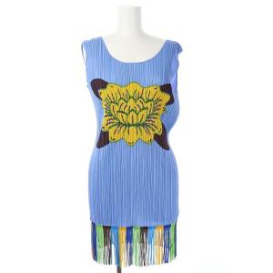 プリーツ カットソー ノースリーブ フリンジ 刺繍 3 ブルー