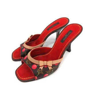 ミュールサンダル モノグラムチェリー リボン 36 ブラウン レッド