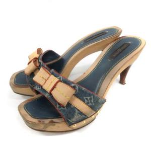 モノグラム ミュール サンダル ハイヒール デニム ウッドソール リボン 36 ブルー