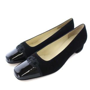 パンプス スクエアトゥ ガンチーニ チャンキーヒール エナメル 切替 スエード 8.5D 26cm 黒 ブラック