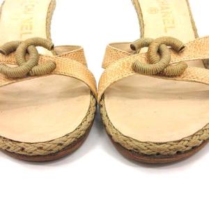 CHANEL サンダル ミュール ウェッジソール ココマーク パイソン型押し ベージュ