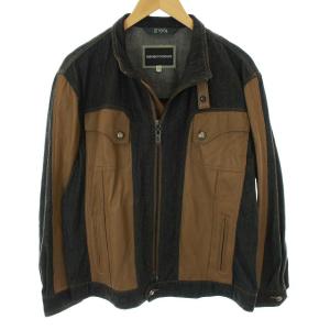 シャツ ジャケット デニム 切替 レザー 長袖 ジップアップ XXL 黒 ブラック 茶 ブラウン