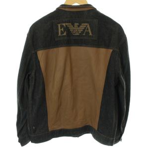EMPORIO ARMANI シャツ ジャケット デニム 切替 レザー 長袖 ジップアップ XXL 黒 ブラック 茶 ブラウン