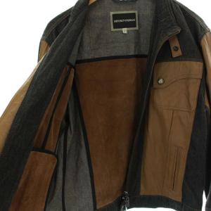 EMPORIO ARMANI シャツ ジャケット デニム 切替 レザー 長袖 ジップアップ XXL 黒 ブラック 茶 ブラウン