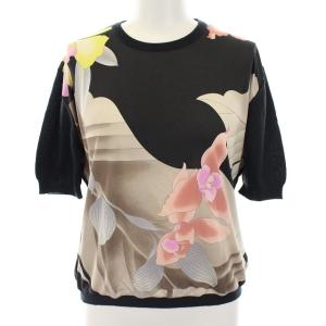 カットソー Tシャツ 半袖 総柄 花柄 ウール シルク 紺 ネイビー