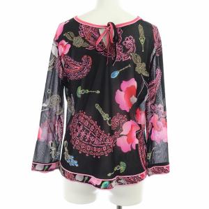 LEONARD FASHION バックリボン総柄シアーブラウス L ブラック