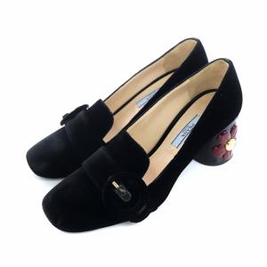 PRADA パンプス ベロア フラワー チャンキーヒール スクエアトゥ 36.5 ブラック