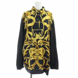 ヴィンテージ ポロシャツ プルオーバーシャツ 長袖 カレ柄 ニット 切替 カシミヤ混 シルク L 黒 黄色 ブラック イエロー