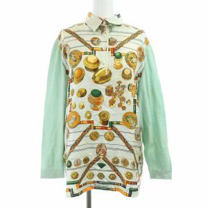 プリント切替長袖ニットポロシャツ M グリーン