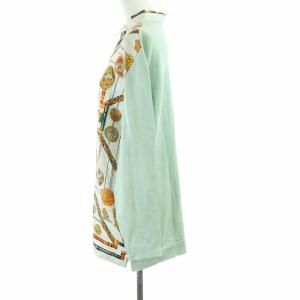 HERMES プリント切替長袖ニットポロシャツ M グリーン