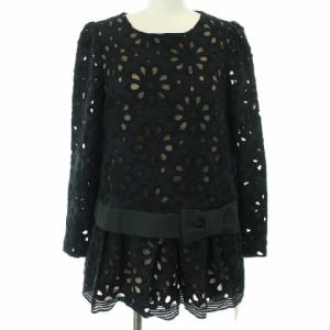 チュニック ラウンドネック ペプラム 刺繍 花柄 リボン コットン ブラック ベージュ