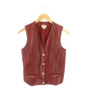 ヴィンテージ ラムレザーベスト ホースビット 金ボタン マカダム柄 40 赤