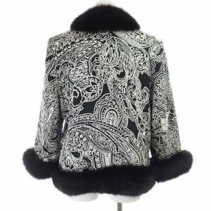 LEONARD ヴィンテージ 中綿ノーカラーコート フォックスファー 総柄 シルク 11AR 黒 白