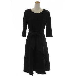 フレアワンピース 七分袖 ベルト リボン フリル ウール 大きいサイズ 42 ネイビー EC