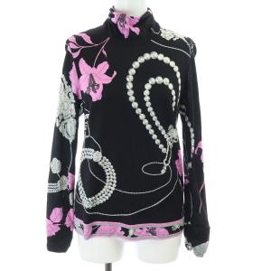 FASHION フローラルプリント ハイネック カットソー  総柄 ウール シルク混 38 ブラック