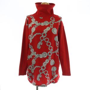 トップス カットソー タートルネック 長袖 チェーン柄 総柄 シルク 40 レッド