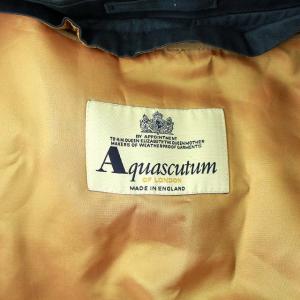 Aquascutum 英国製 ステンカラーコート ロング 裏地チェック ウール 44 ネイビー