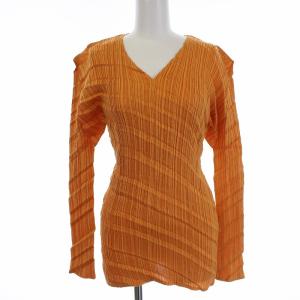 ブラウス シャツ 長袖 Vネック プリーツ 日本製 M オレンジ