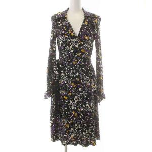 ワンピース ラップワンピース ひざ丈 長袖 総柄 ブラック パープル