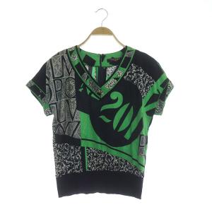 カットソー 半袖 Vネック 総柄 金ボタン ヴィンテージ M ネイビー