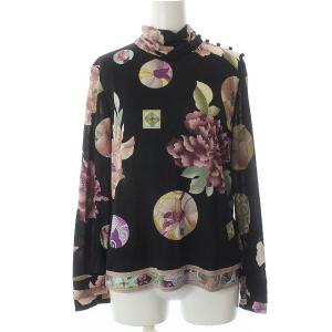 カットソー 長袖 ハイネック 総柄 ウール 絹 シルク混 L 黒 ブラック マルチカラー