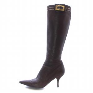 PRADA ロングブーツ レザー ポインテッドトゥ ピンヒール サイドファスナー 36 23cm 茶 ブラウン