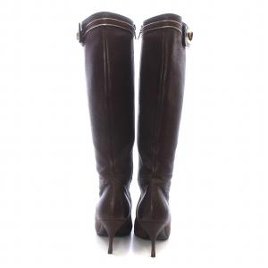 PRADA ロングブーツ レザー ポインテッドトゥ ピンヒール サイドファスナー 36 23cm 茶 ブラウン