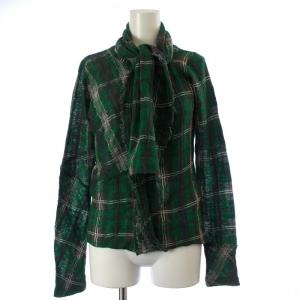 ストール付きカーディガン 長袖 ウール チェック柄 2 M 緑 グリーン