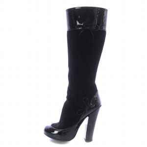 LOUIS VUITTON ロングブーツ ラウンドトゥ ハイヒール リボン スエード エナメル 切替 36 23.0cm 黒 ブラック